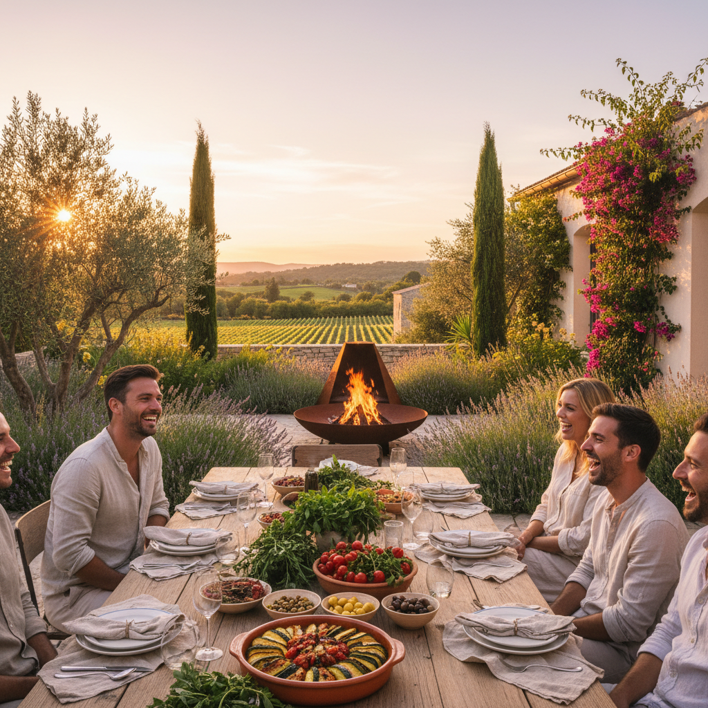 A rustic outdoor dinner table set with linen, vegetables, and a corten steel fire pit in the background at sunset.