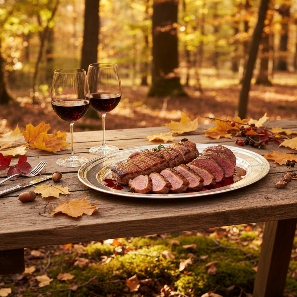 A rustic autumn dinner table featuring grilled duck and venison paired with glasses of bold red wine.
