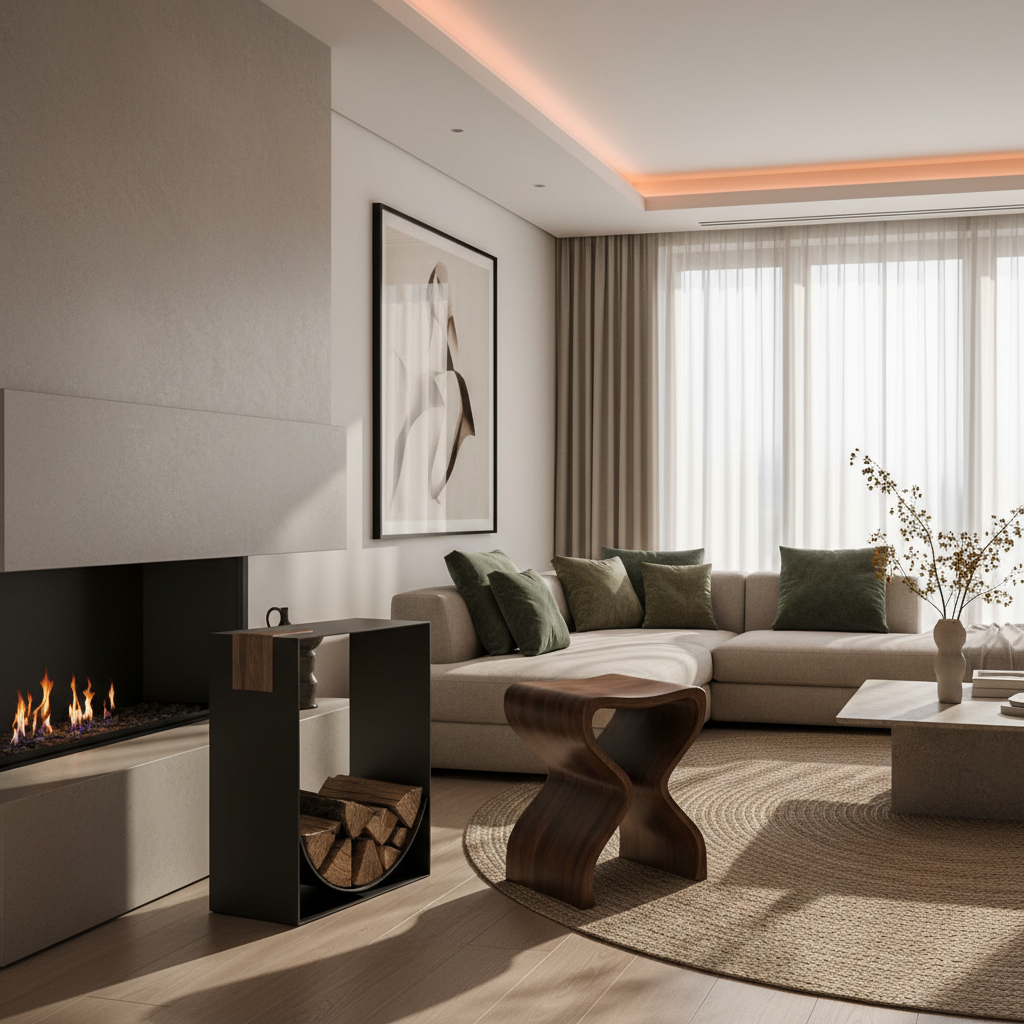 A luxurious modern living room featuring warm minimalism, sculptural wooden furniture, and deep jewel-toned accents.