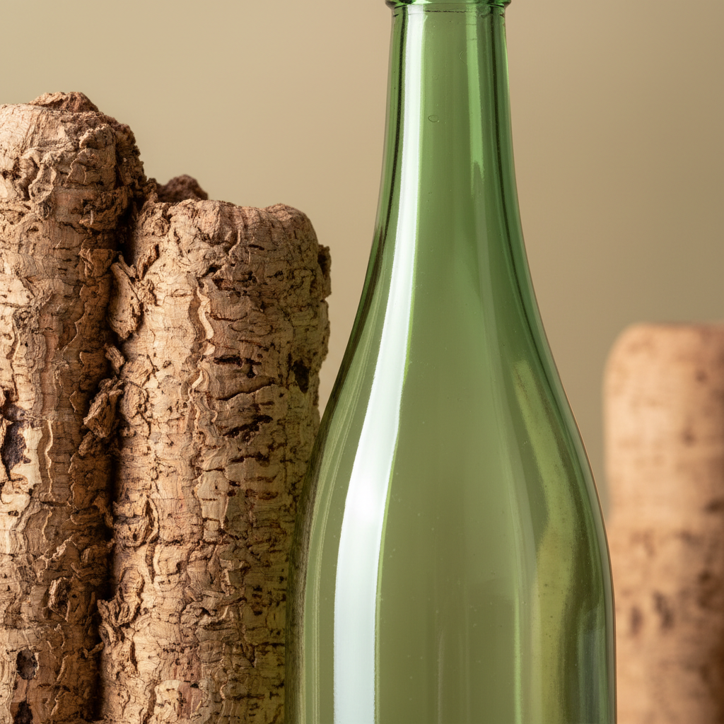 A collection of eco-friendly wine bottles and natural cork textures representing sustainable packaging in the wine industry.