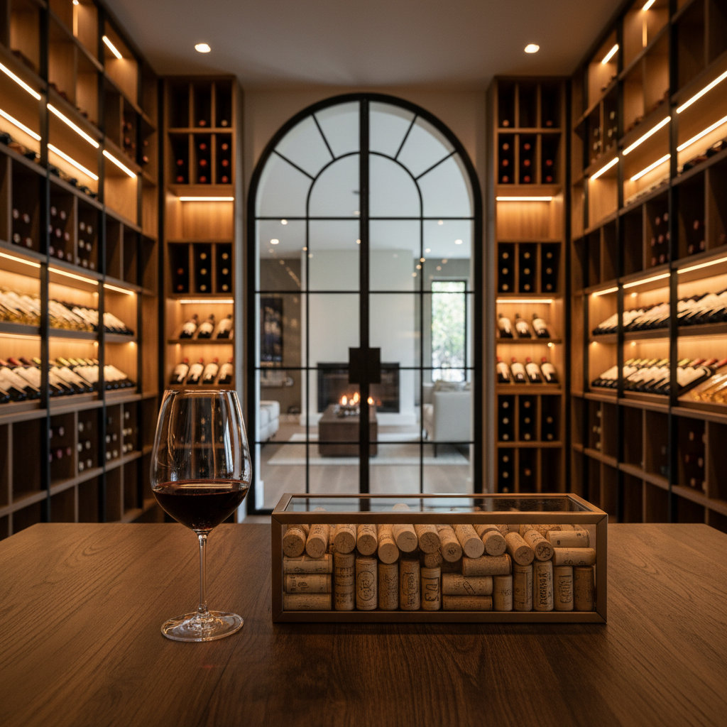 A sophisticated home wine cellar with premium bottles and a cork display frame on a dark wooden wall.