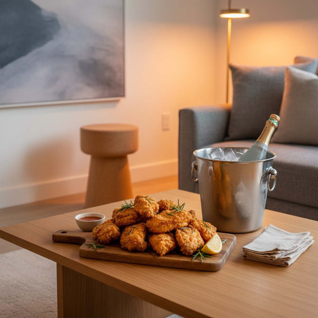 A modern, minimalist living room with a cork stool, featuring a bottle of sparkling wine and a bucket of fried chicken on a wooden table, capturing a casual social vibe.