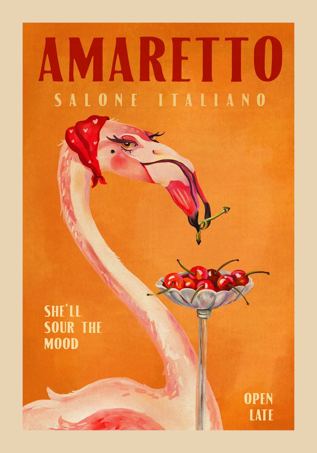 Amaretto Flamingo Art Deco Italian Cafe Travel Art Poster