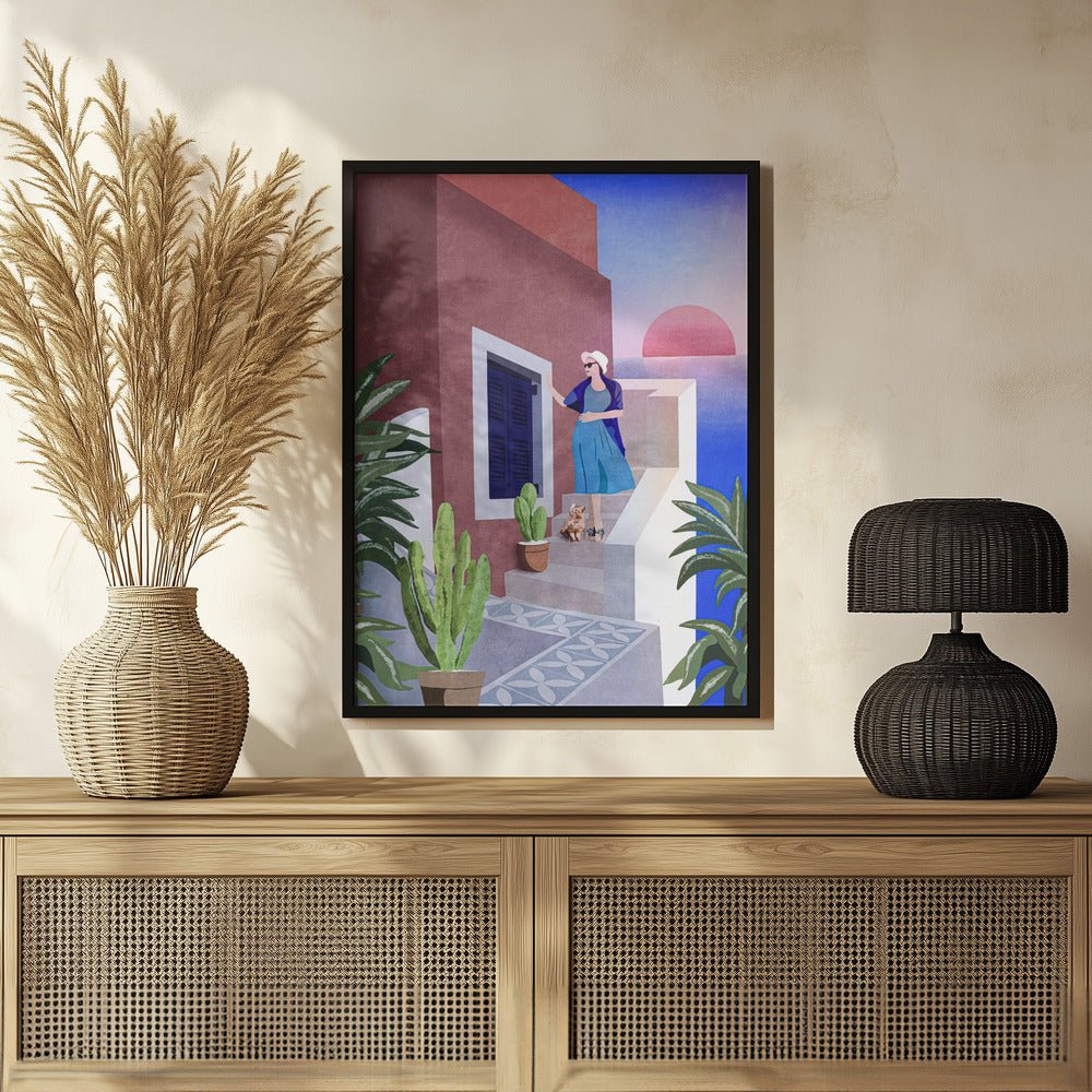 Lady and Cat In Santorini Poster - Corkframes.com