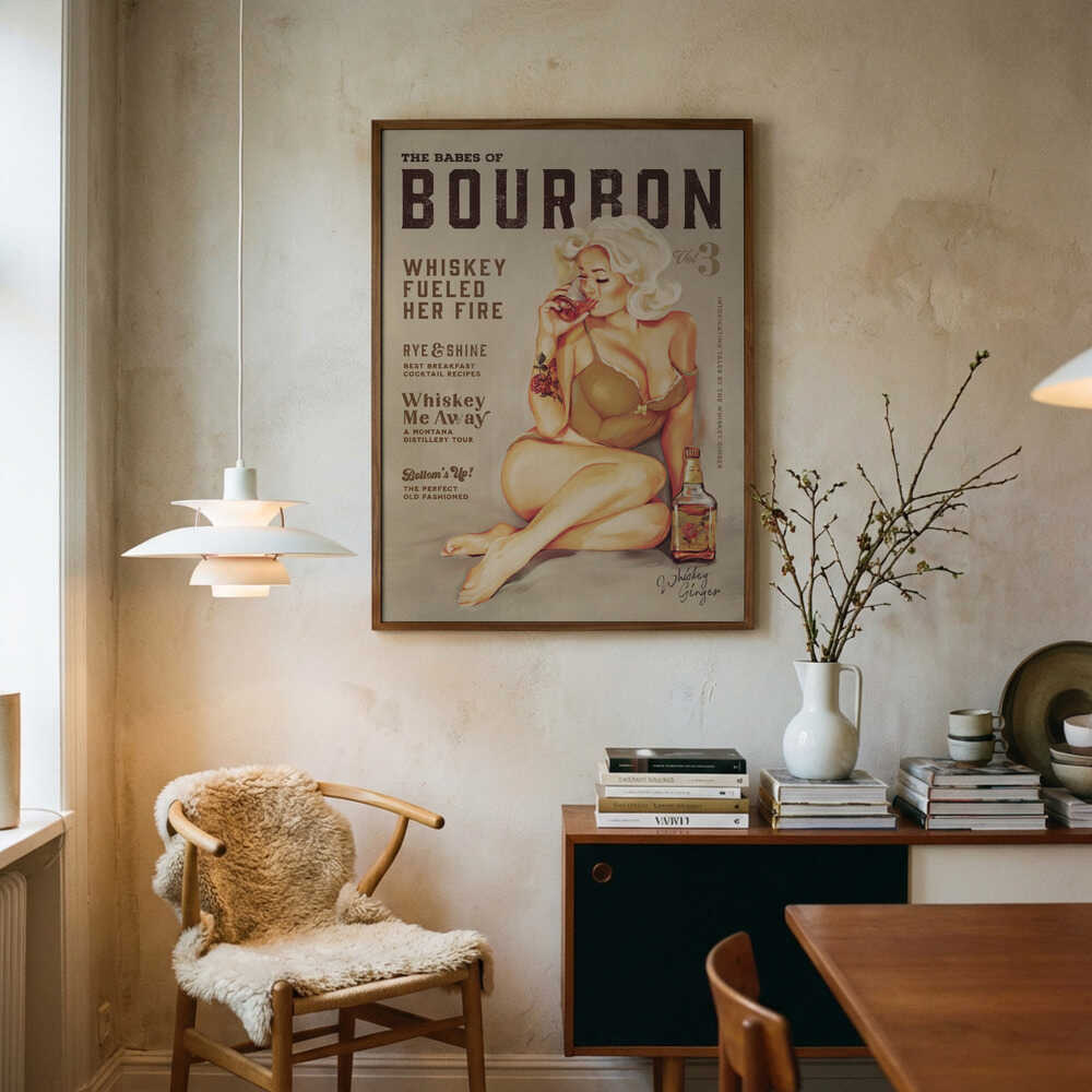 Bourbon Wall Art. Sexy Vintage Pin Up Girl Drinking Whiskey Poster