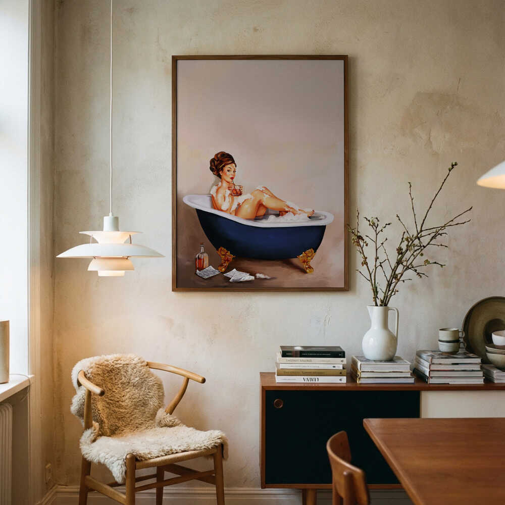 Bathtub Drinks: Pinup Girl Drinking In Bathroom Poster