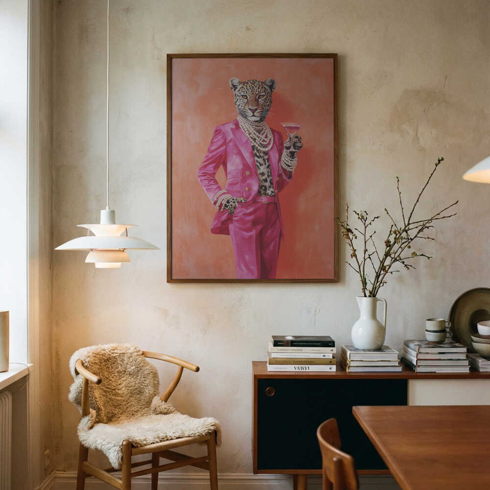 Leopard Dressed In Pink Satin Suit Poster
