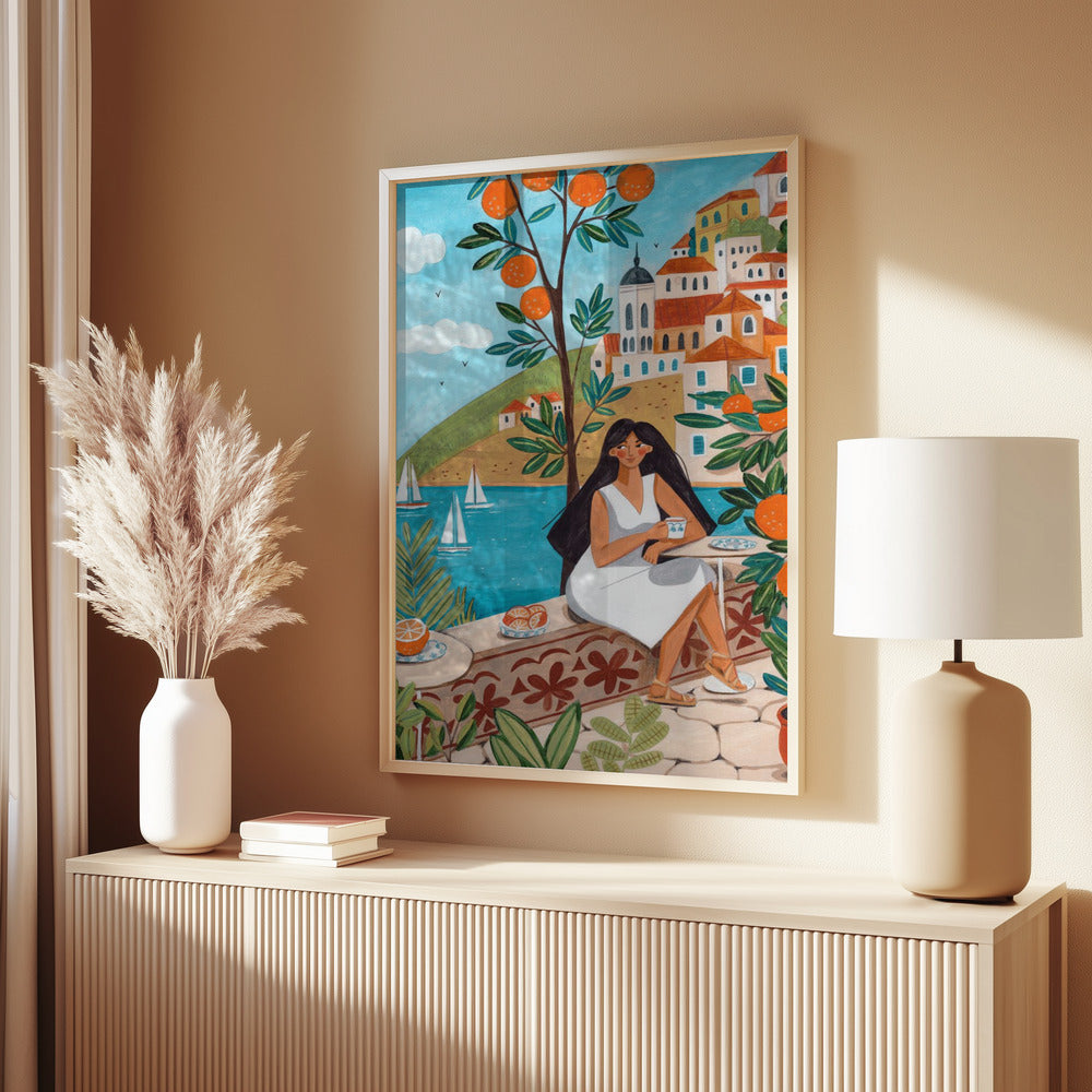 Travel poster woman in Mediterranean coast Poster