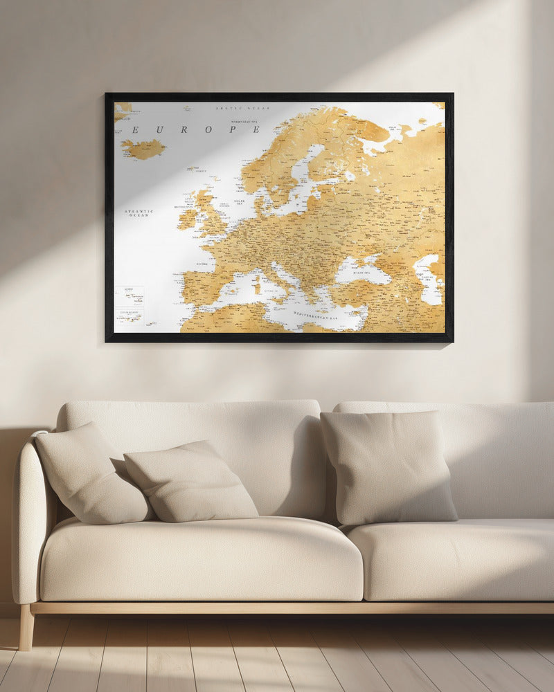 Golden detailed map of Europe Poster