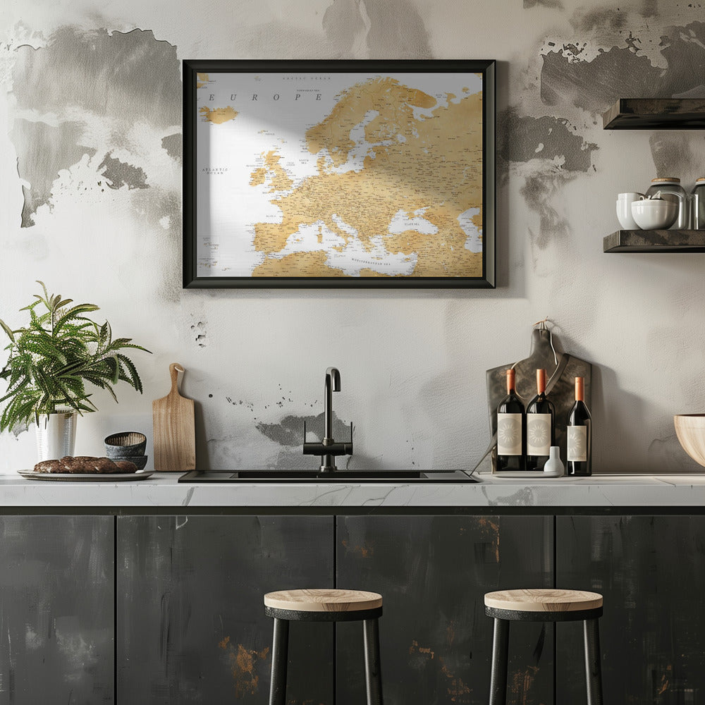 Golden detailed map of Europe Poster