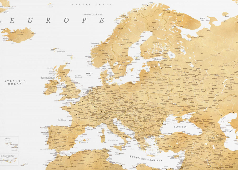 Golden detailed map of Europe Poster
