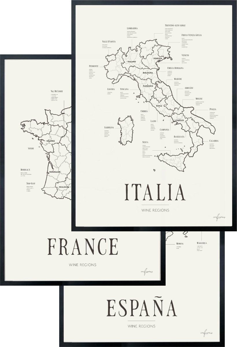 Wine Map Set Classic - España, France, Italia - Corkframes.com