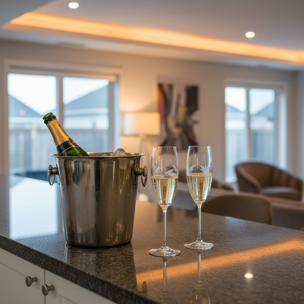 A chilled bottle of Champagne and two glasses on a modern bar counter