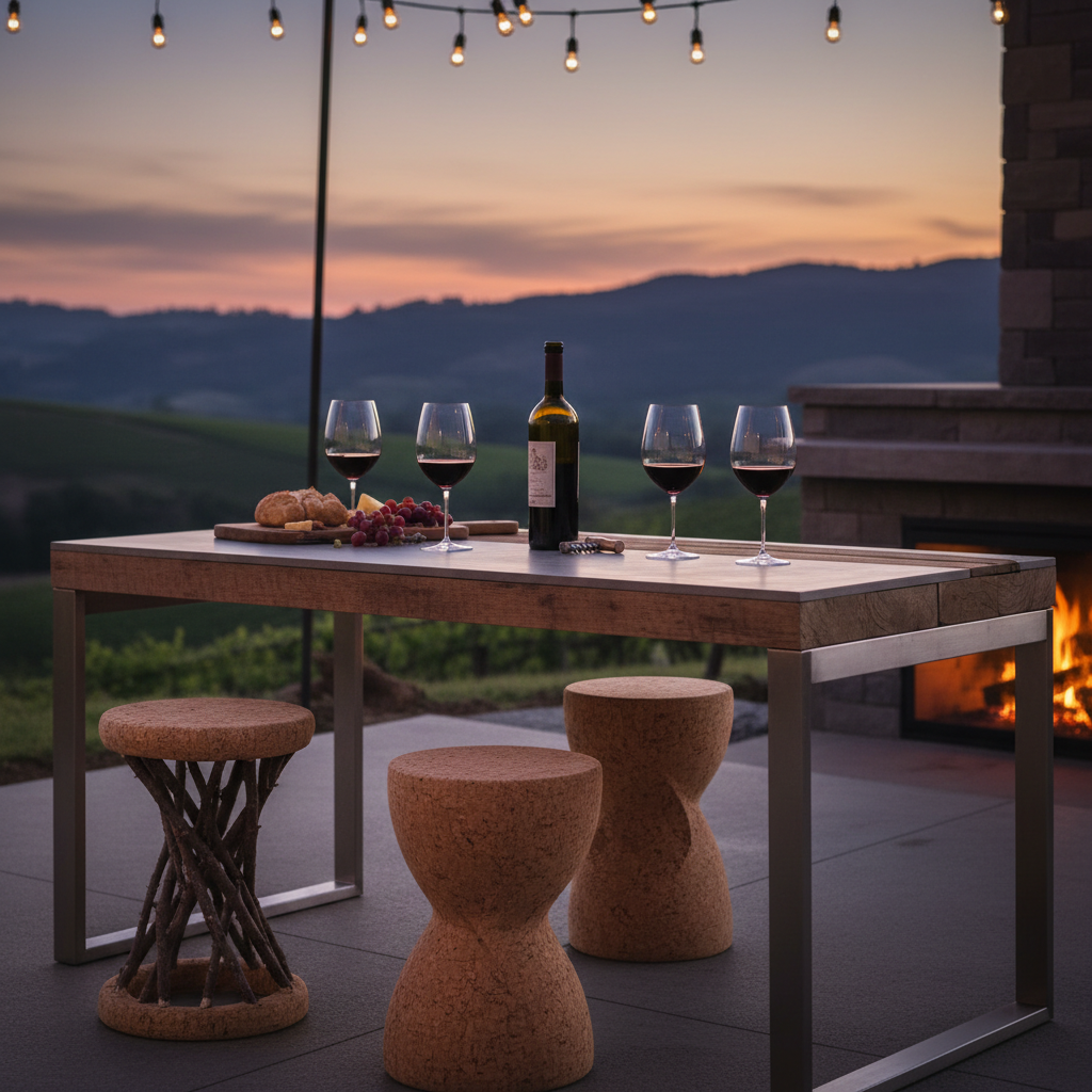 A warm, dimly lit dining setting with wine glasses, a bottle, and natural cork furniture, illustrating the concept of sobremesa.