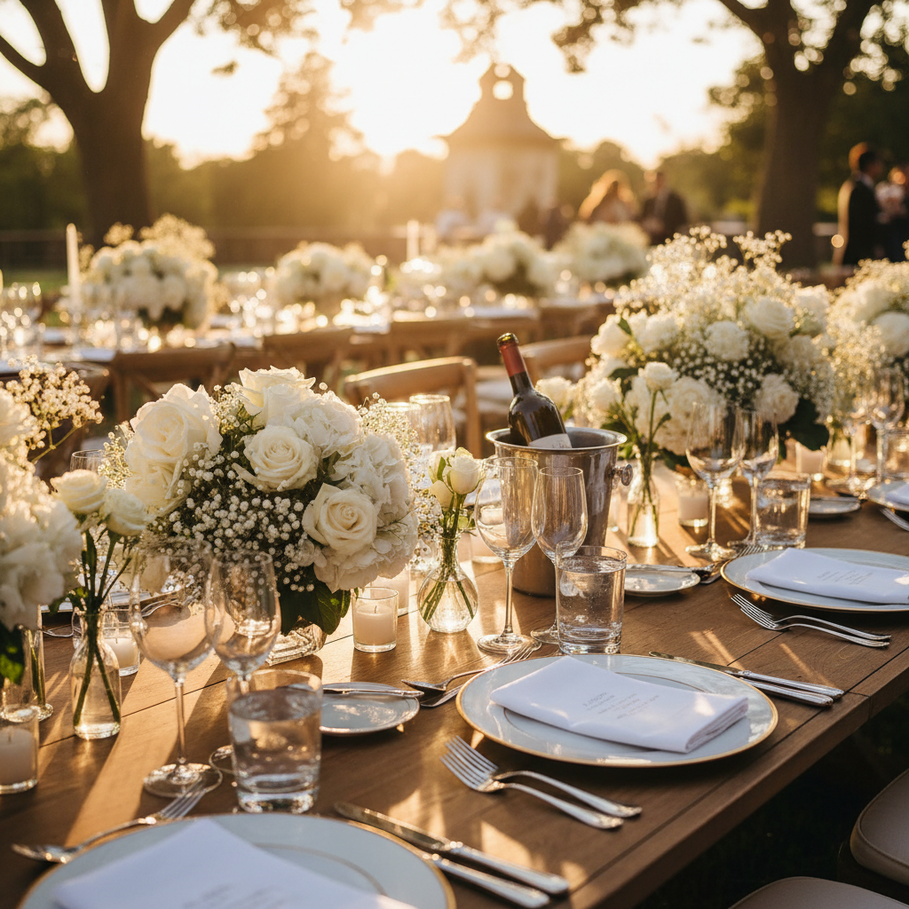 A sophisticated outdoor wedding table setting with elegant wine glasses and a bottle of high-end wine