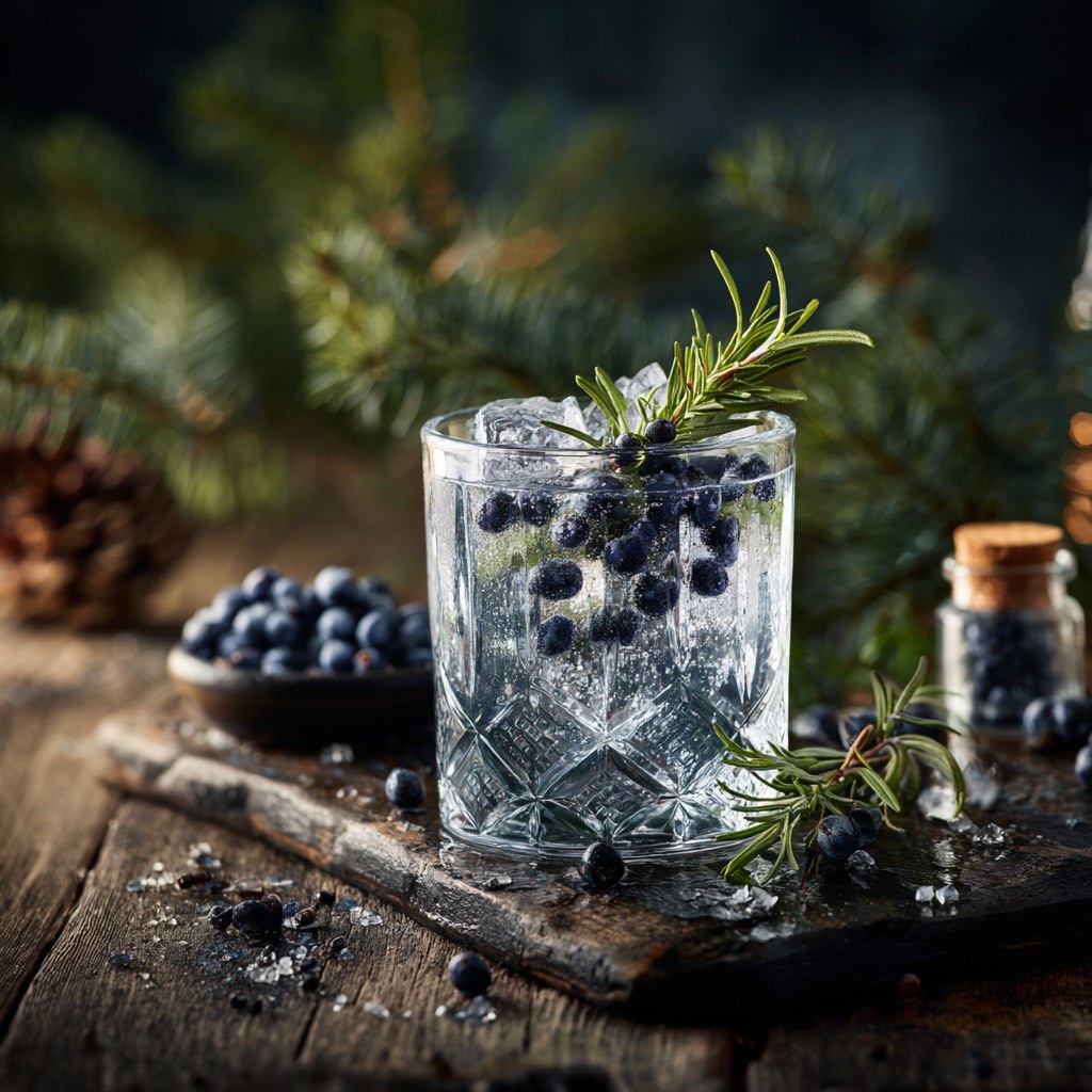 Deep blue aromatic juniper berries growing on a branch, the essential botanical core of all gin production
