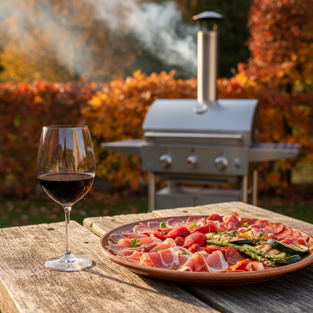 A rustic outdoor autumn dinner table with a glass of red wine, grilled meat, and a background of fall leaves.