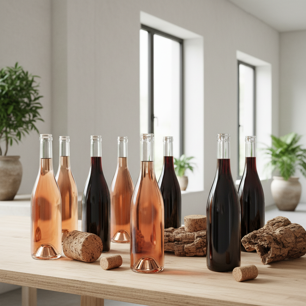 Close-up of modern lightweight glass wine bottles and natural cork materials in a bright, eco-friendly setting.