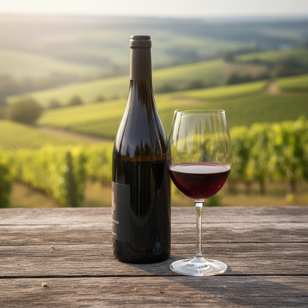 A bottle of Alsace Pinot Noir and a glass of red wine on a wooden table with a vineyard background