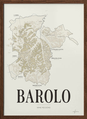 Barolo Wine Map poster by Corkframes – the eleven comuni of the Barolo DOCG, in a walnut frame
