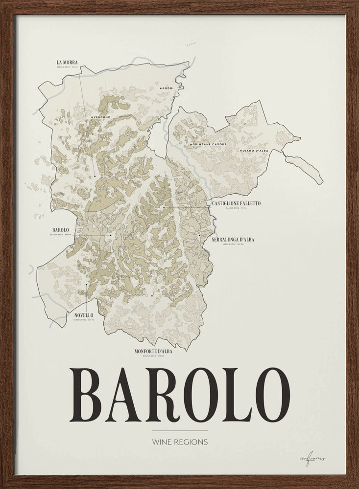 Barolo Wine Map poster by Corkframes – the eleven comuni of the Barolo DOCG, in a walnut frame