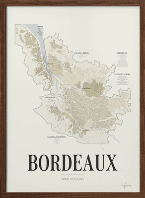 Bordeaux Wine Map poster by Corkframes – wine regions, appellations and châteaux, in a dark wood frame
