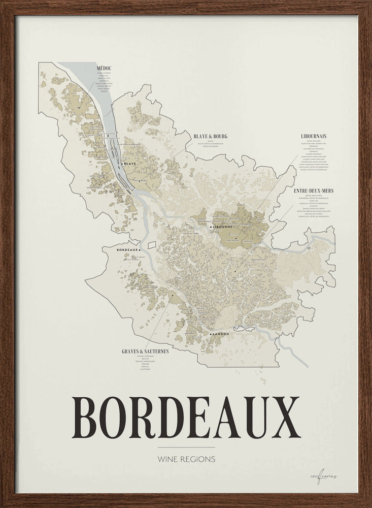 Bordeaux Wine Map poster by Corkframes – wine regions, appellations and châteaux, in a dark wood frame