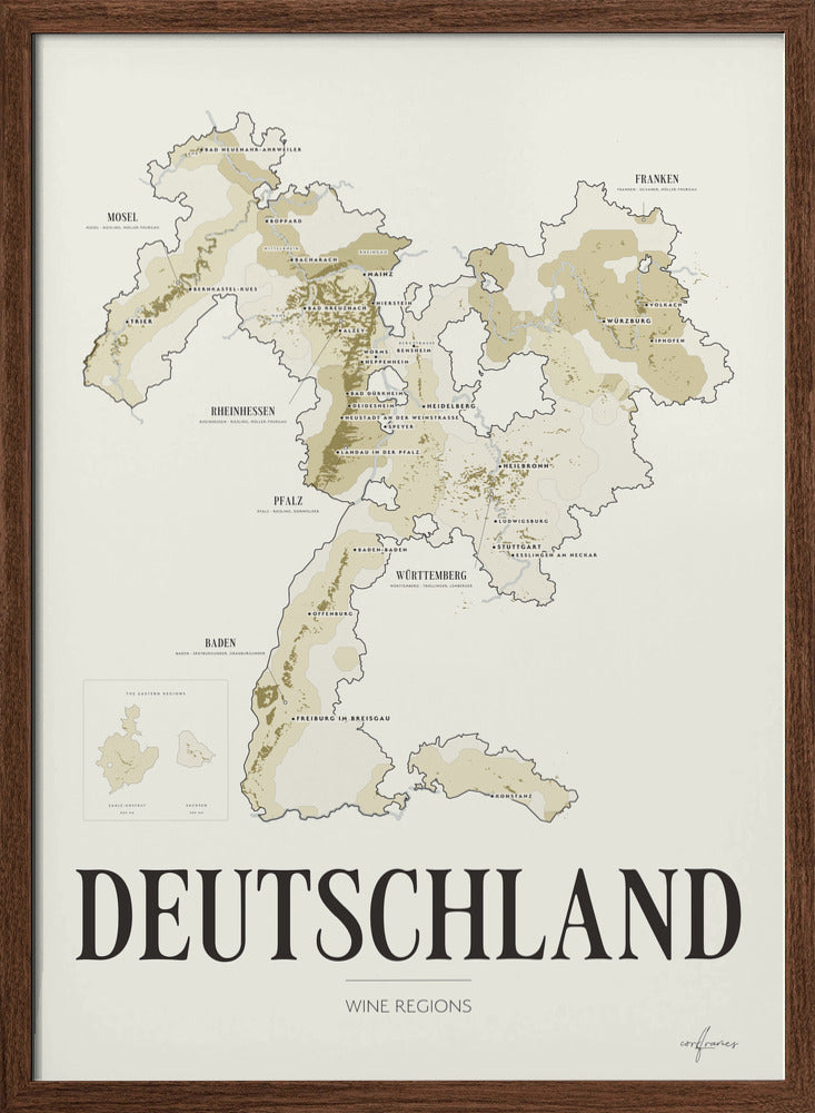 Deutschland Wine Map poster by Corkframes – the thirteen German Anbaugebiete, in a walnut frame