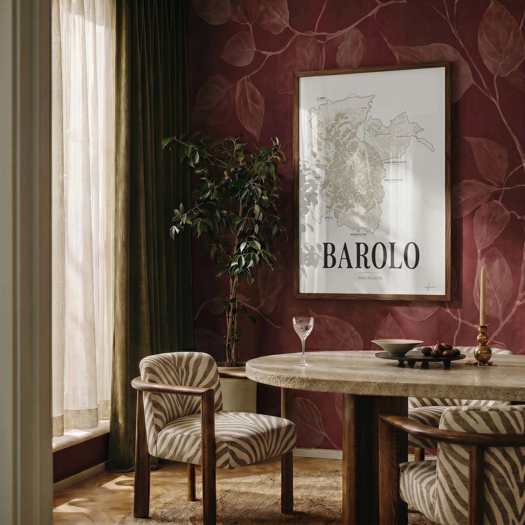 Barolo Wine Map poster by Corkframes framed on a deep red wall in a dining room with a wine glass