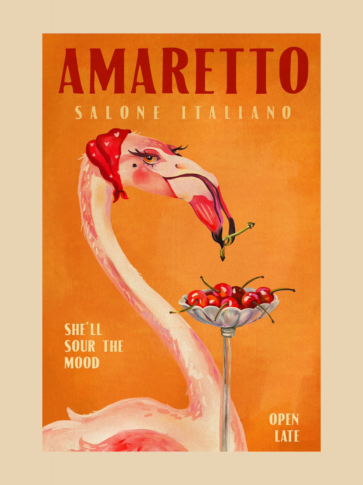 Amaretto Flamingo Art Deco Italian Cafe Travel Art Poster