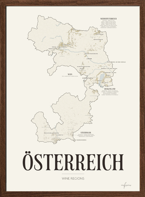 Österreich Wine Map poster by Corkframes – the four Austrian Weinbauregionen, in a dark oak frame