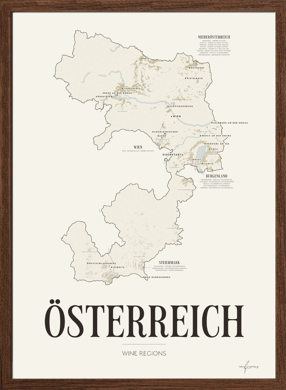 Österreich Wine Map poster by Corkframes – the four Austrian Weinbauregionen, in a dark oak frame