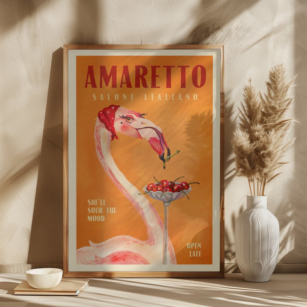 Amaretto Flamingo Art Deco Italian Cafe Travel Art Poster - Corkframes.com