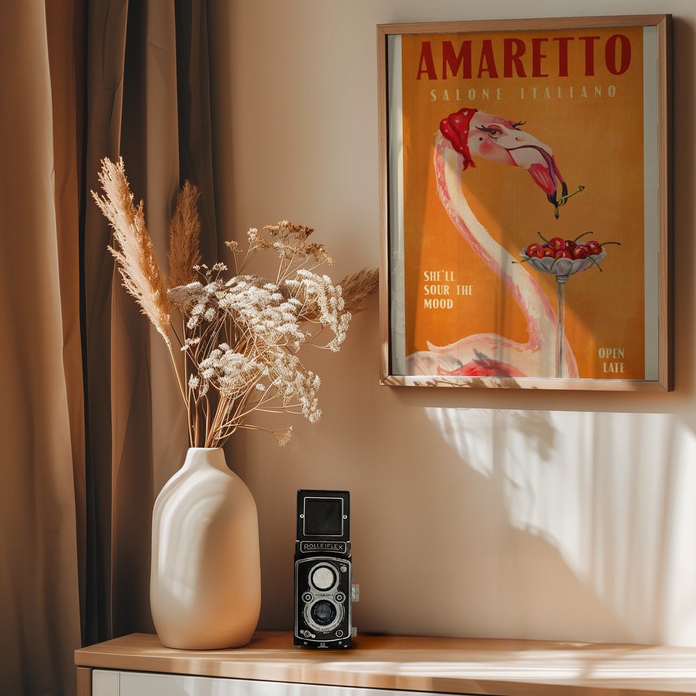 Amaretto Flamingo Art Deco Italian Cafe Travel Art Poster - Corkframes.com