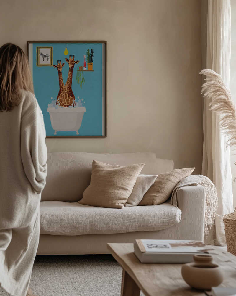 Giraffes In Bath Poster