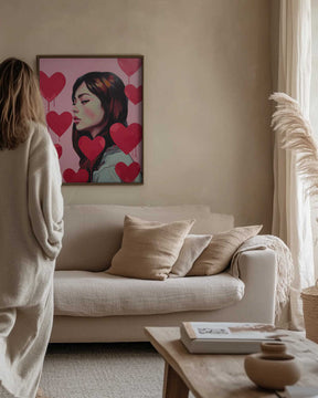 Portrait Of A Woman Surrounded By Red Hearts Poster