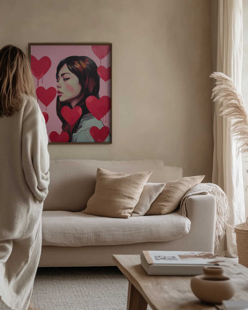 Portrait Of A Woman Surrounded By Red Hearts Poster
