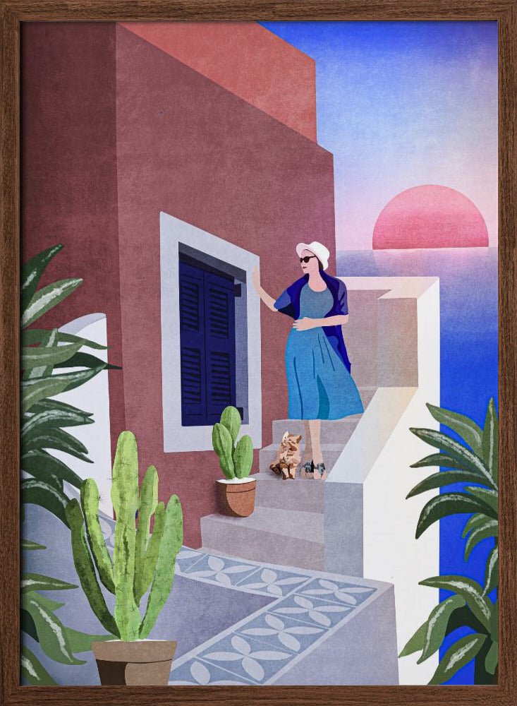 Lady and Cat In Santorini Poster - Corkframes.com