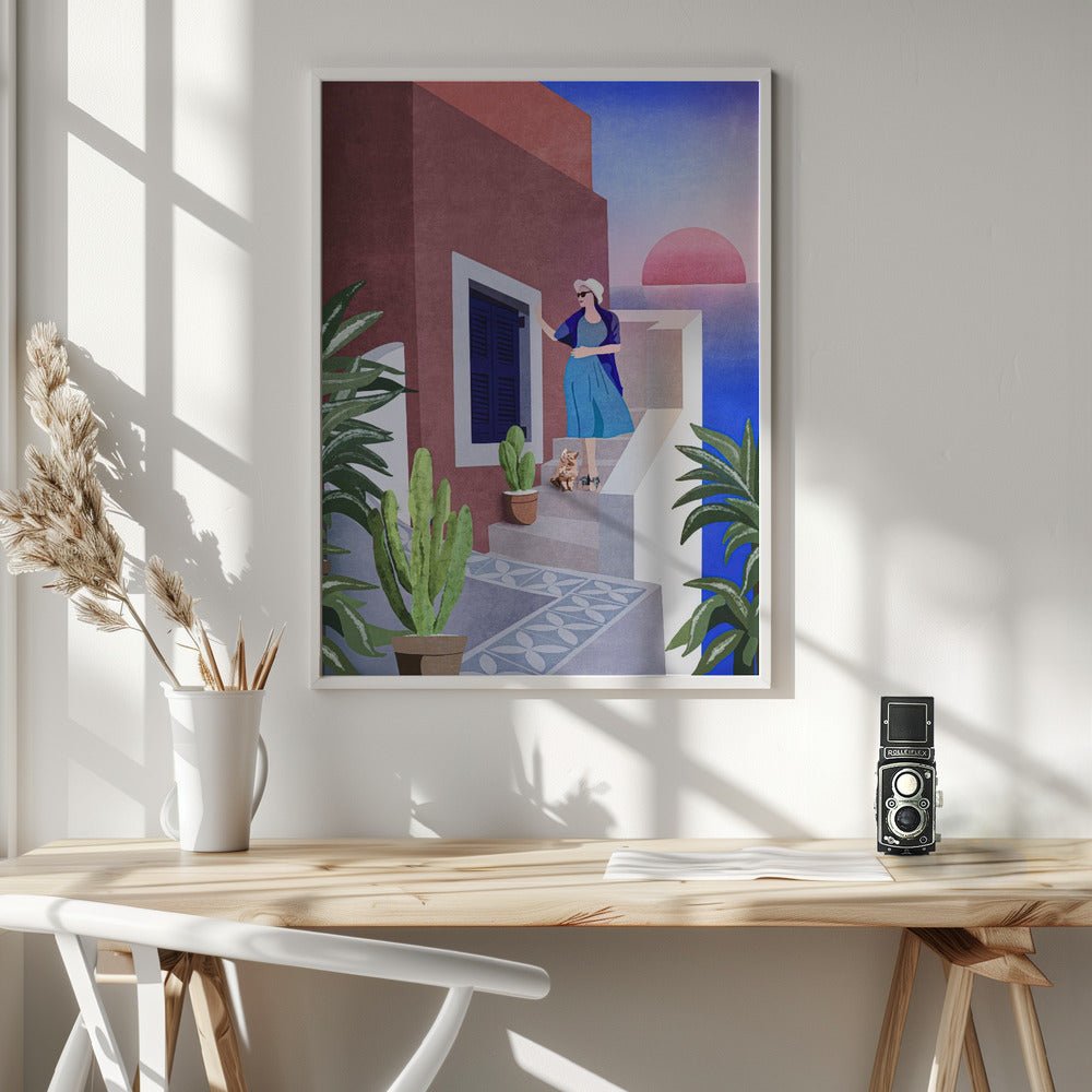 Lady and Cat In Santorini Poster - Corkframes.com