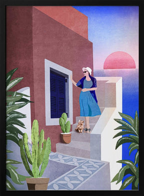 Lady and Cat In Santorini Poster - Corkframes.com