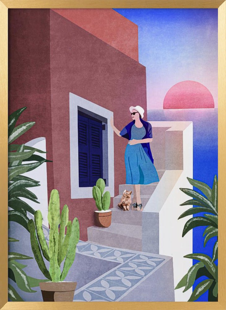 Lady and Cat In Santorini Poster - Corkframes.com