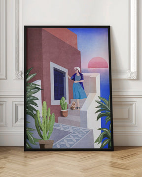 Lady and Cat In Santorini Poster - Corkframes.com