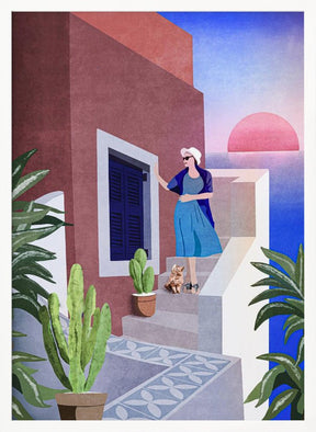 Lady and Cat In Santorini Poster - Corkframes.com