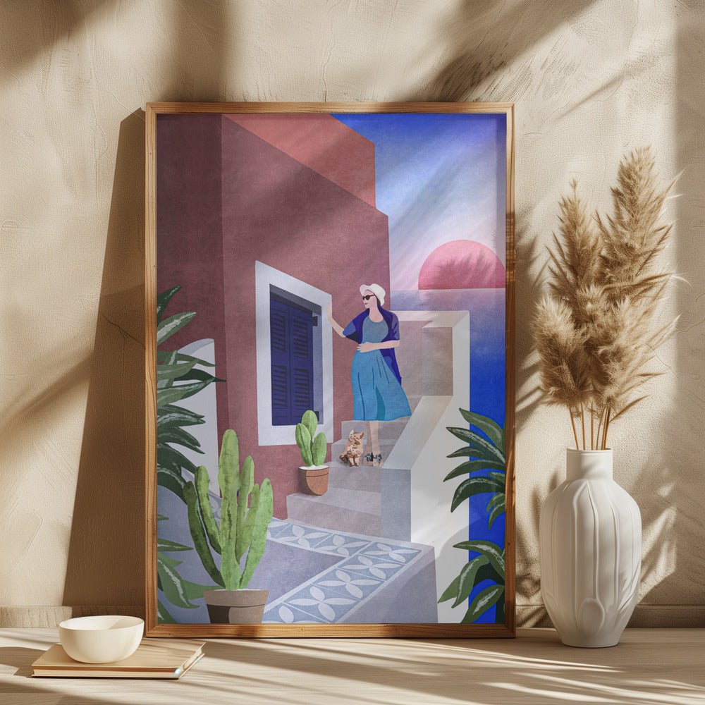 Lady and Cat In Santorini Poster - Corkframes.com