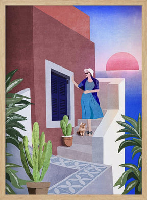 Lady and Cat In Santorini Poster - Corkframes.com