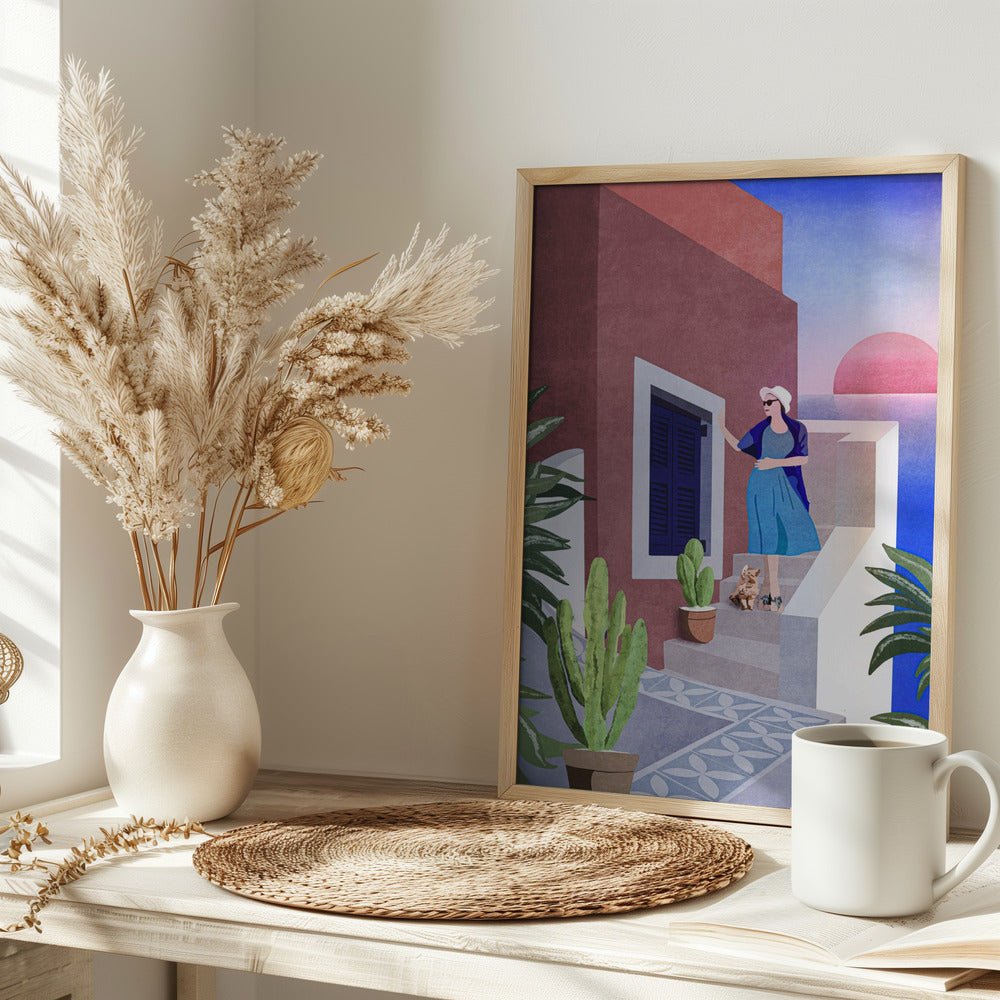 Lady and Cat In Santorini Poster - Corkframes.com