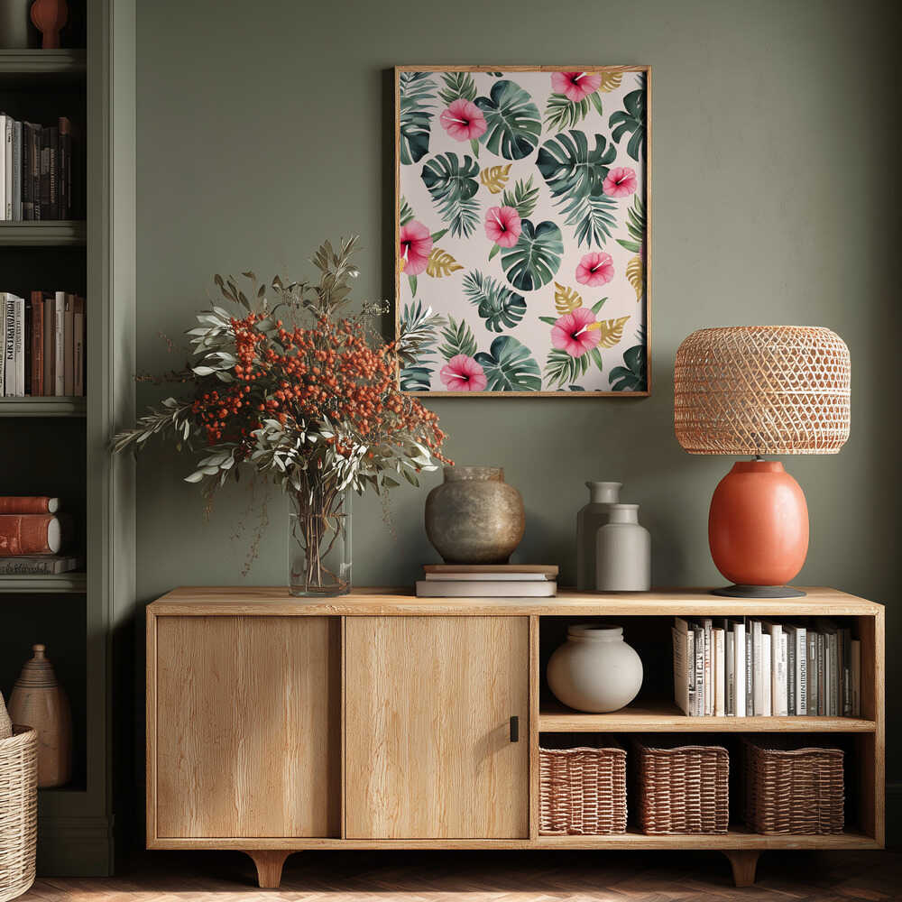 Monstera and Hibiscus Pattern Poster