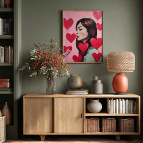 Portrait Of A Woman Surrounded By Red Hearts Poster