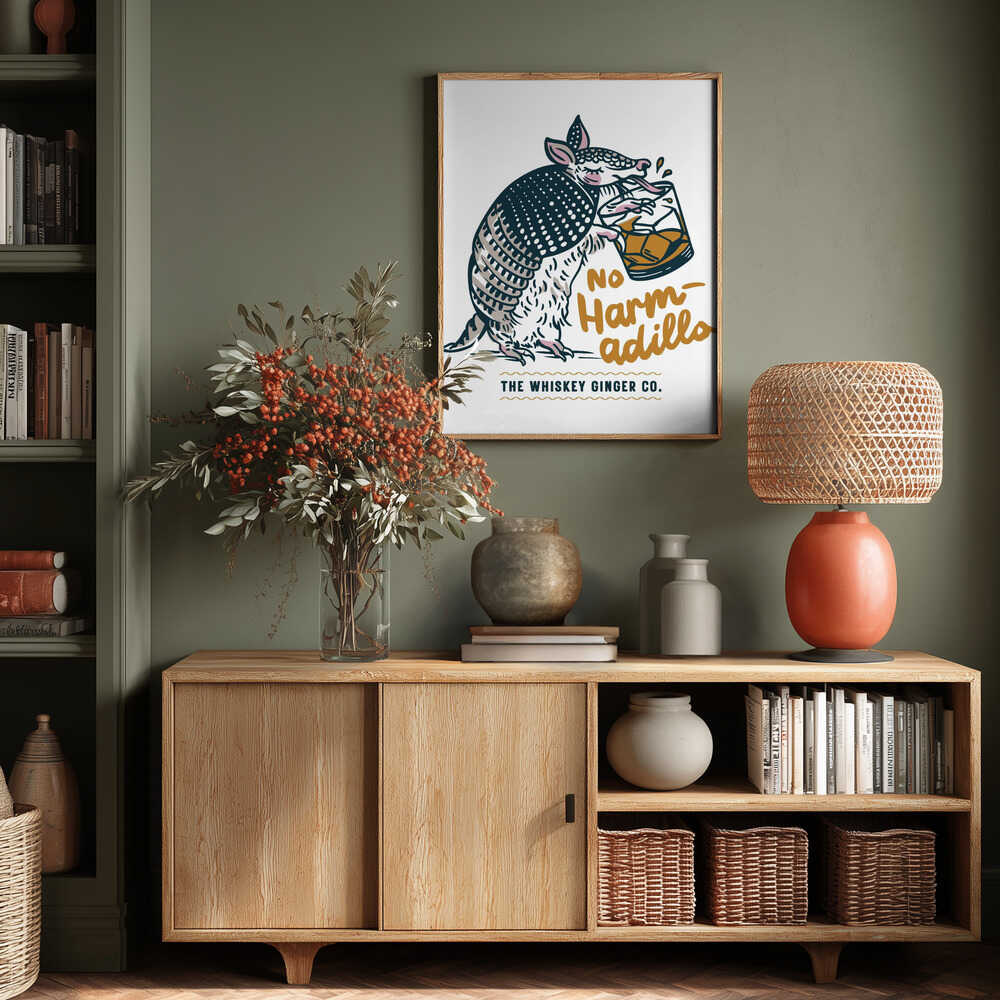 No Harmadillo Funny Armadillo Drinking Whiskey Poster