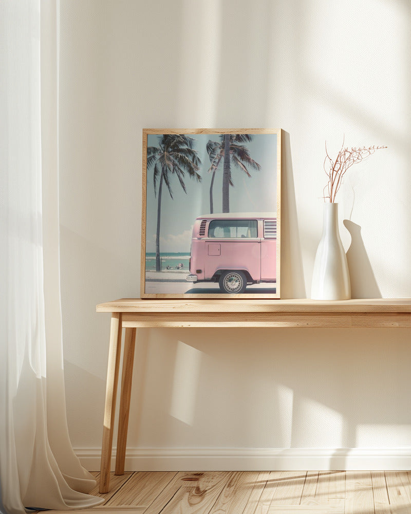 Pink Bus By the Beach Poster